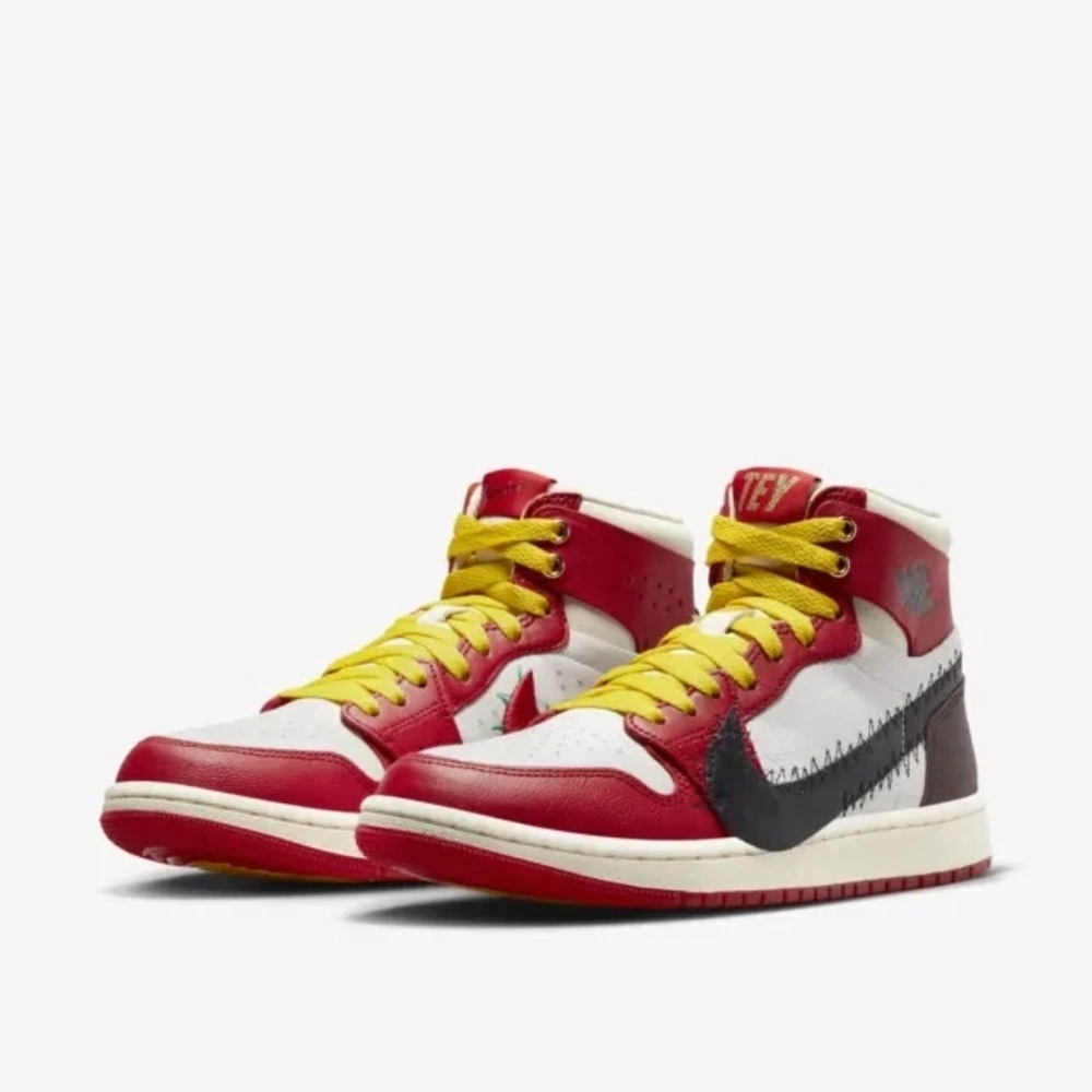 Red and White High-Top Teyana Taylor Sneakers with Yellow Laces